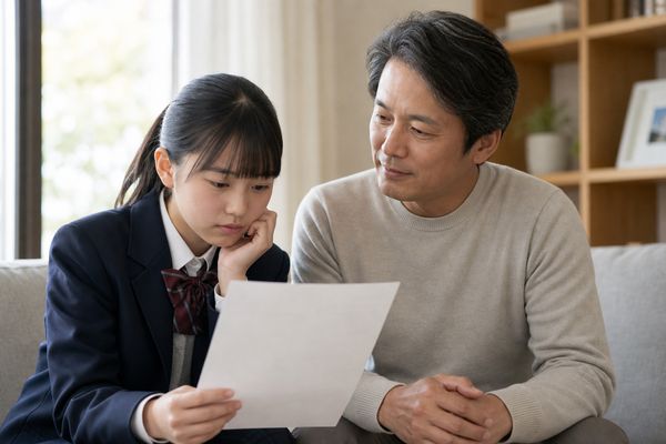 通知表を見て不安そうな表情の制服姿の中学生に、保護者がソファで静かに寄り添っている様子