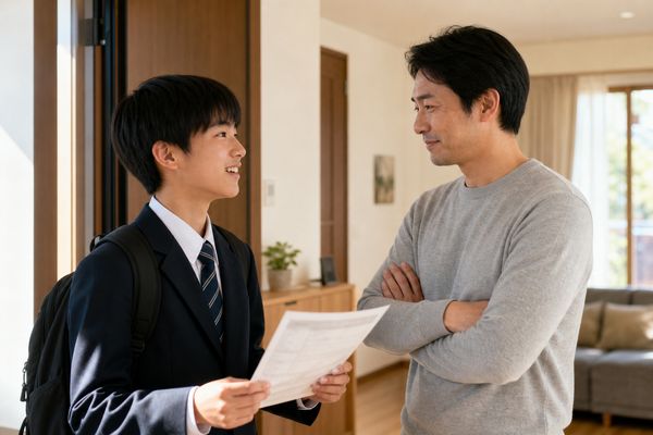 通知表を手にした制服姿の中学生の息子と、腕を組んで落ち着いて話を聞く父親が自宅で向き合っている様子