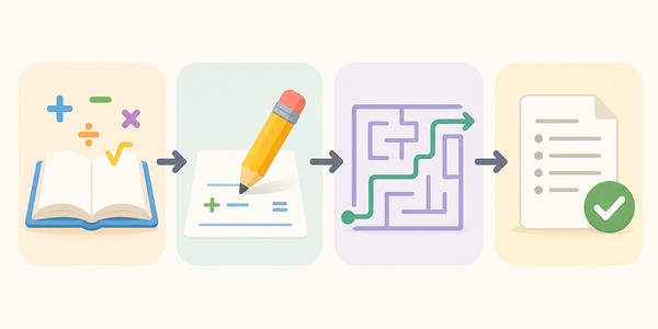 本・鉛筆と答案・迷路・チェック済み答案の4つのアイコンを矢印でつなぎ、理解・再現・選択・得点の4段階を表したフラット図解