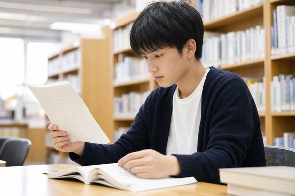 図書館で資料と参考書を並べ、解説の出どころを確かめる男子高校生