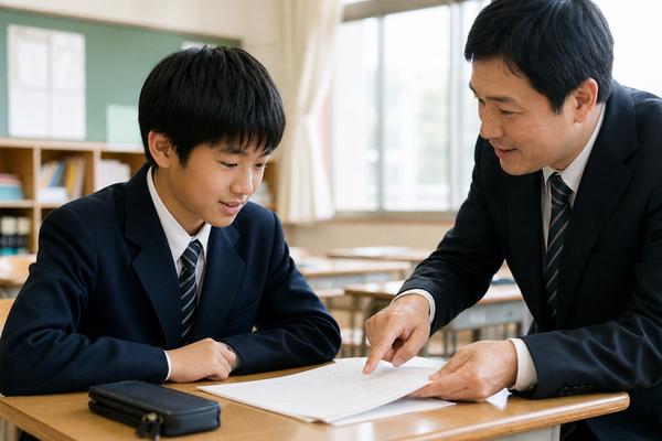 放課後の明るい教室で、制服姿の中学1年生の男子生徒に、先生が返却された答案用紙を指さしながら間違え方の傾向を説明している様子