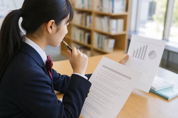 図書室で設問の紙を先に読み、グラフの資料は手に持ったまま考えている高校生