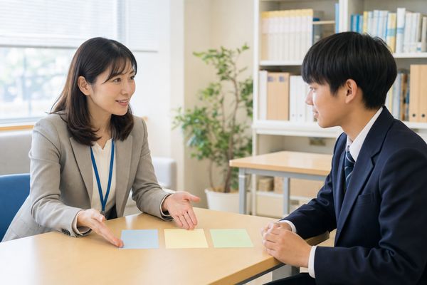 進路相談室で、3色のカードを並べた進路アドバイザーの説明を聞いている制服姿の高校生の男子
