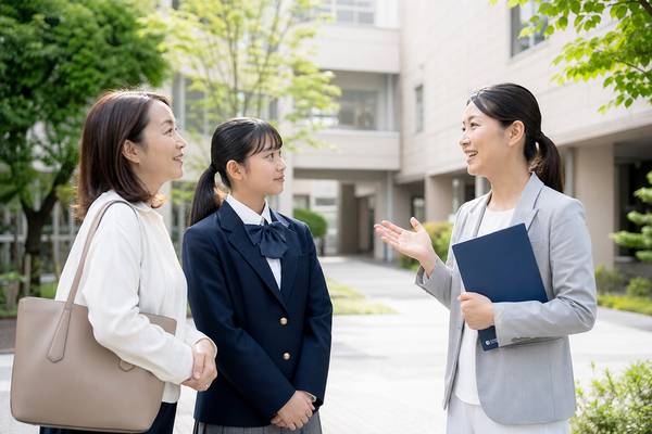学校説明会の中庭で、制服の中学生が保護者と一緒に高校の案内係から説明を聞いている様子