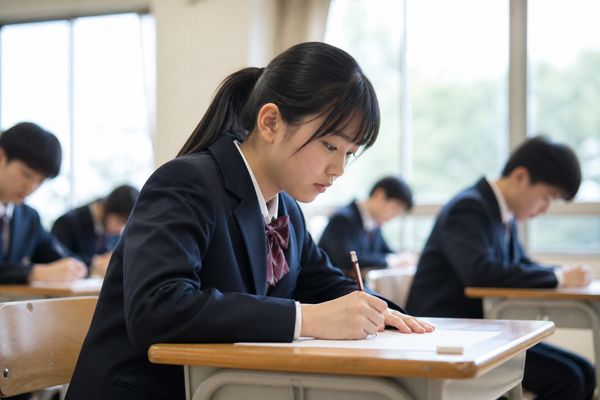 明るい教室で、制服を着た中学生が地域模試の問題に鉛筆を持って集中して取り組んでいる様子