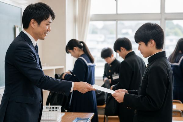 教室で先生から国語のテスト範囲表を受け取る制服の中学1年生