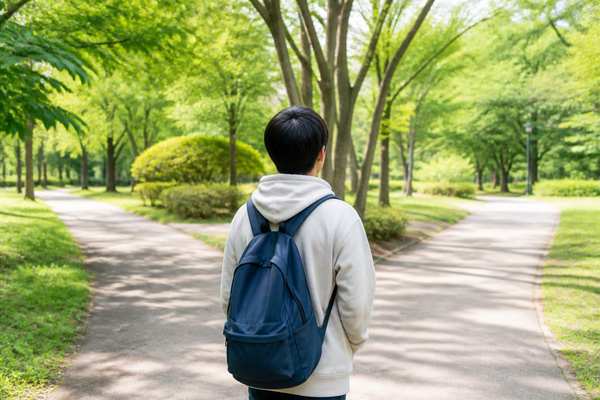 新緑の公園で二手に分かれる道の前に立ち、次の進み方を考える私服の中学生の後ろ姿