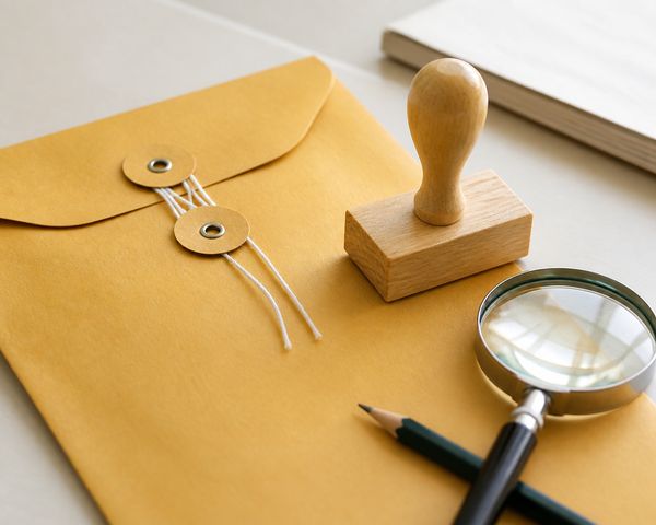 封緘された調査書の封筒と学校印を押すスタンプ、虫眼鏡と鉛筆が机に置かれている様子
