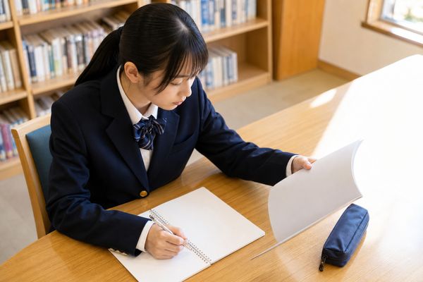 制服の高校生が学校の図書室で生徒手帳と学則を確認し、ノートに質問を書き出している様子