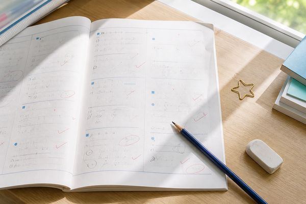 赤ペンで直しと丸付けが書き込まれた学校ワークが机に開かれ、積み重ねた学習の跡が見える様子