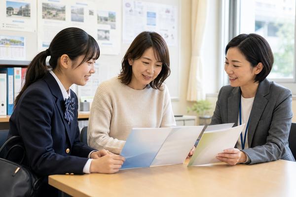 制服姿の高校生と保護者が進路相談室で担当の先生と入試方式の資料を見ている様子