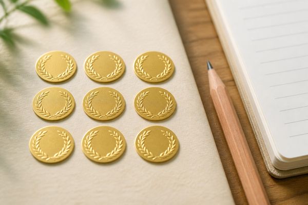 9教科すべてが最高評価であることを表す、9枚の金色のメダルが3列に並んだ写真