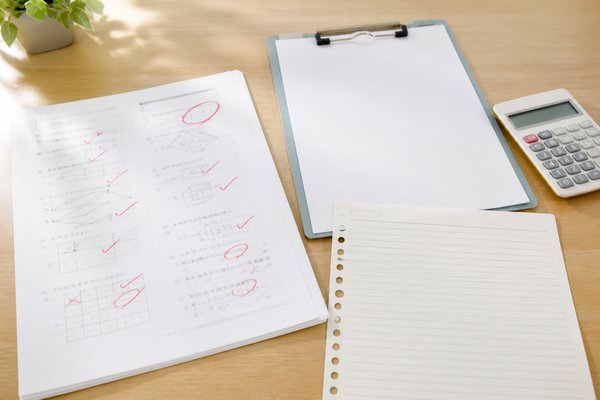 赤丸と赤チェックが入った答案用紙とバインダー、電卓が机に並ぶ様子