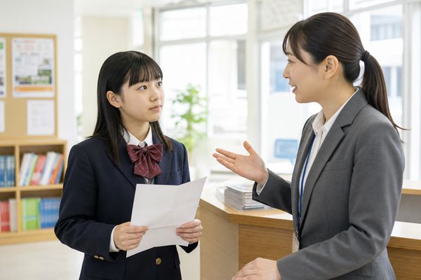 塾の受付で模試の結果を手に講師の説明を聞く制服姿の女子中学生