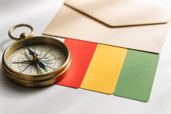 赤・黄・緑の3枚のカードと方位磁針が並び、B判定が有力だが確約ではない位置であることを表した接写