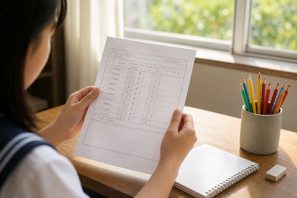 制服姿の中学生が、明るい窓辺の机で通知表を手に取り、評定と観点別評価を確かめている様子