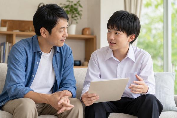 リビングのソファで父親が中学生の息子の話にうなずきながら耳を傾けている様子