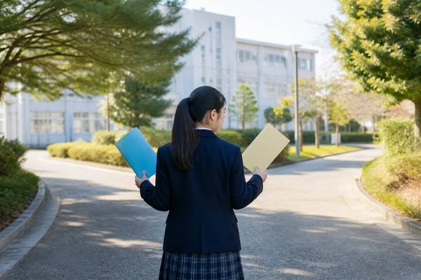 制服の生徒が校内の分かれ道で二冊の資料を見比べ、進路を考える後ろ姿