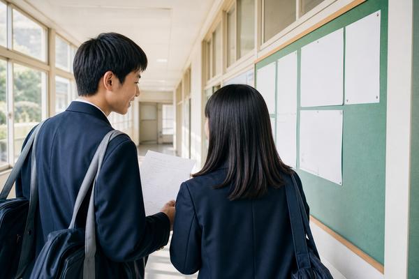 返ってきた答案を手に、校内の掲示板を一緒に見る制服の中学生二人