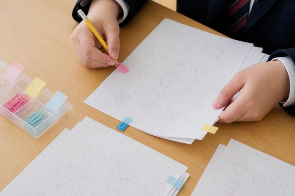 返却された答案を色付きのクリップで種類ごとに仕分けする、制服姿の中学生の手元