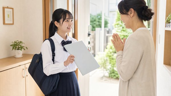 制服姿の中学生の娘が玄関で成績表を母親に見せ、母親が笑顔で受け止めている様子
