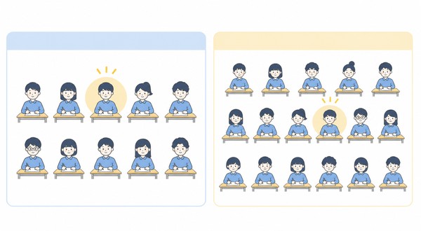 受験者数の異なる二つの集団の中で、同じ生徒の相対的な位置が変わることを示した図解