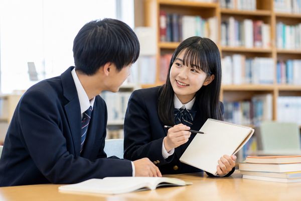 制服姿の生徒が明るい図書室でノートを開き、自信を持って友人に解き方を説明している様子