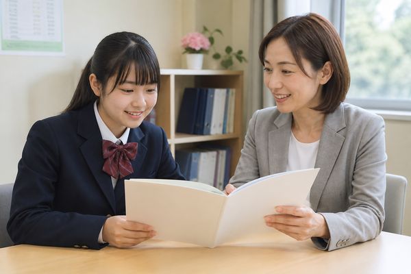 中学生が進路指導の先生と募集要項を開き、調査書の扱いを一緒に確認する場面