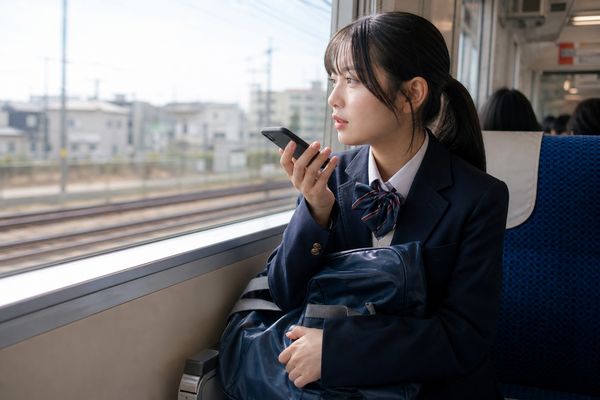 帰りの電車で気づいたことをスマホに短く記録する制服姿の高校生