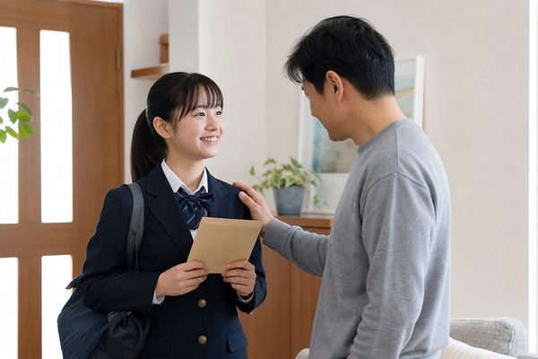 制服姿の中学3年生の娘が、学校から持ち帰った成績表の封筒を手に父親と笑顔で話している様子