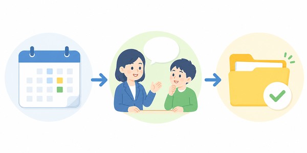 学校の予定表を確認し、先生へ相談し、資料の利用条件を確かめるという3ステップを矢印でつないだ図解