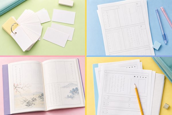 漢字カード・文法プリント・教科書・学校ワークを4つに分けて並べた国語のテスト範囲教材