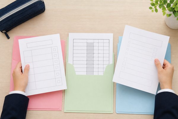 定期テストの答案・通知表のような評定表・模試のチェック表という見た目の異なる3種類の書類を、ピンク・緑・水色のファイルへ1枚ずつ分けて入れている生徒の手元