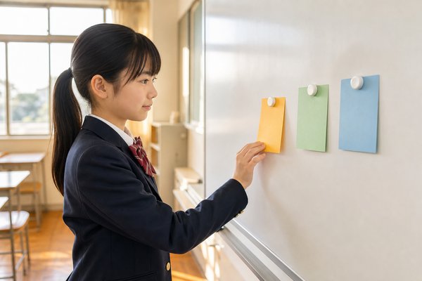 放課後の明るい教室で、制服の中学生がホワイトボードに3枚の色違いカードを易しい順に並べ、段階を追って問題を選ぶ様子