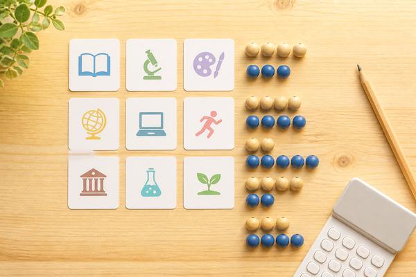 9教科を表すアイコンカードと、評定を数えるための2色の木製ビーズを並べた机の俯瞰