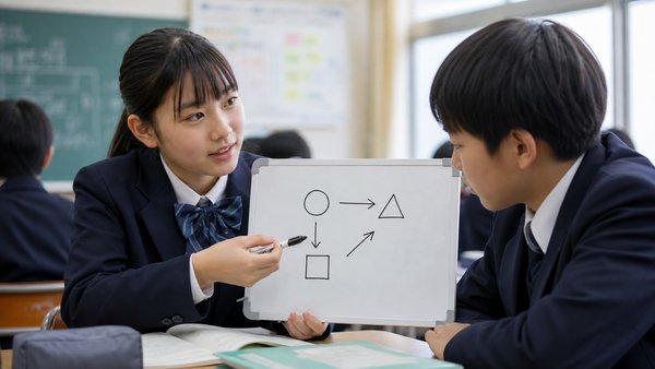 教室で小さなホワイトボードに図を書いて考えの根拠を説明する制服の女子中学生