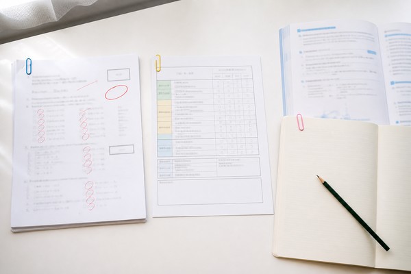 白い机に答案・通知表・学校ワークとノートを色分けクリップで分けて並べた様子