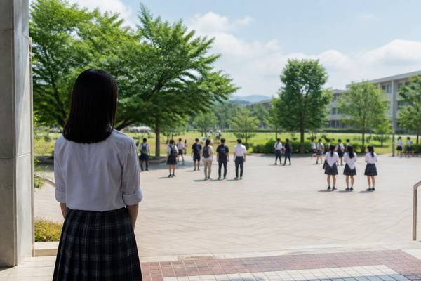 明るい中学校の中庭で、大勢の生徒たちを少し離れた場所から見つめる制服の生徒の後ろ姿