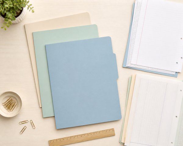 明るい机の上に学年ごとに色分けされた学校記録のファイルと記録用紙、クリップが並べられている様子