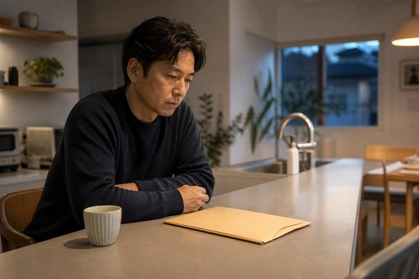 夕方のキッチンカウンターで、閉じたままの学校の書類を前に子どもの進路を案じる父親