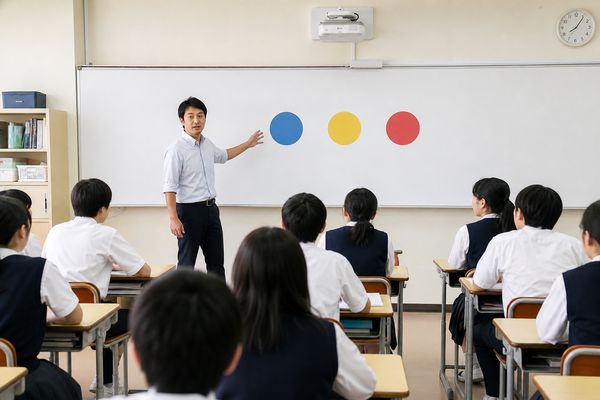 教室の前で、先生が3色の丸を示しながら3つの観点で学習状況を見ることを中学生へ説明している場面