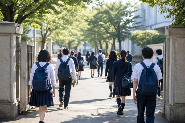 同じ制服を着た中学生たちが、朝の校門を抜けてそれぞれ違う方向へ歩いていく様子