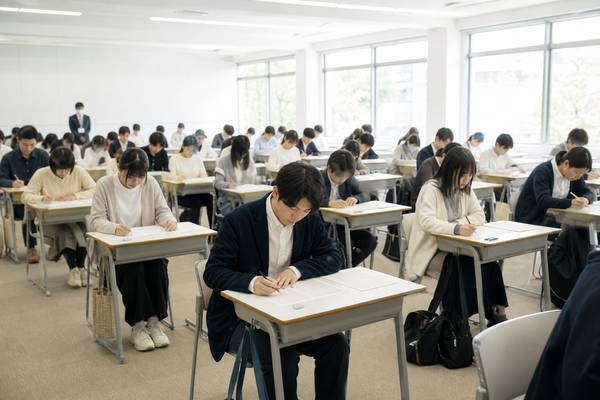 大学の広い試験会場で受験生が机に向かい学力試験を受けている様子
