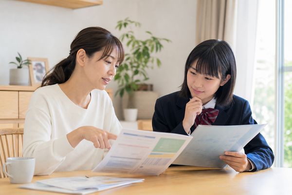 保護者と制服姿の中学生がダイニングテーブルで高校入試の募集要項を一緒に読んでいる様子