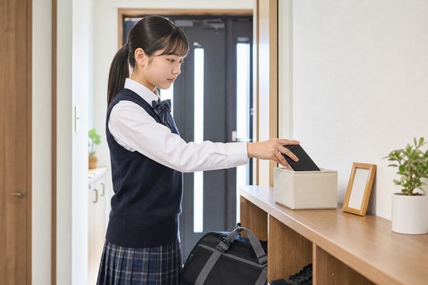 制服姿の女子中学生が、勉強を始める前に自分からスマートフォンを玄関の収納ボックスに入れている様子