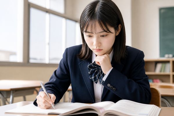 明るい教室で、制服の高校生が教科書の例題を答えを見ずに解きながら自分の理解度を確かめている様子
