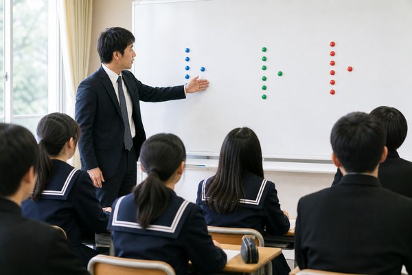 教室のホワイトボードで色つきマグネットを使い集団の違いを説明する先生