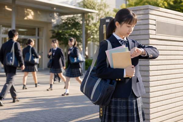 夕方の中学校の昇降口前で、制服姿の女子生徒が大きな部活バッグと教科書を抱えたまま腕時計で時間を確認している様子