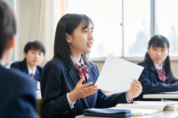 明るい教室で、プリントを手に自分の考えを発表している制服姿の中学生の女子
