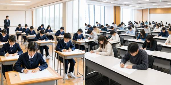 左に制服姿の中学生が並ぶ高校入試の教室、右に私服の既卒生も混ざる大学模試の会場を並べ、受験する集団の違いを示した写真